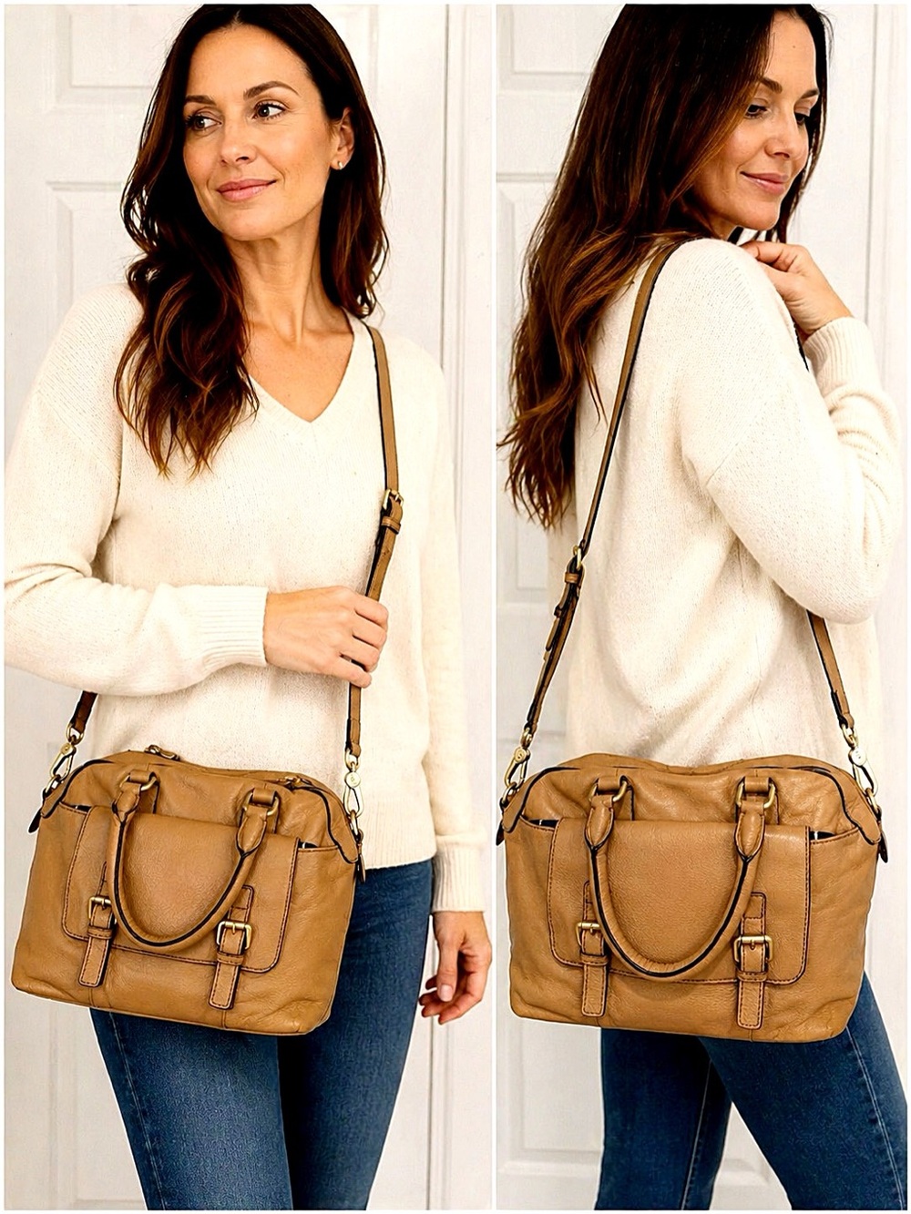 Boden Tan Leather Crossbody Satchel Bag – Soft Pebbled Leather
